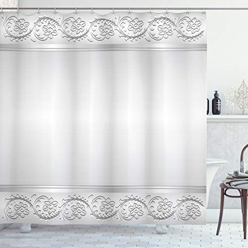 ABAKUHAUS Silber Duschvorhang, Klassisches Brautblumenmotiv, Stoffliches Gewebe Badezimmerdekorationsset mit Haken, 175 x 220 cm, Weiß Grau