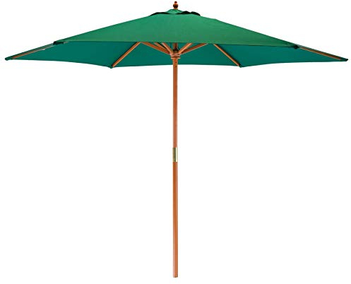 Harbour Housewares Green Garden Parasol - 2.7m - Pulley Operated Hardwood Pole Wooden Garden Umbrella with Green Base UV Sun Protection Umbrella for Picnics and Beach Days