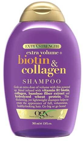 OGX Thick & Full + Biotin Collagen Extra Strength Volumizing Shampoo with Vitamin B7 Hydrolyzed Wheat Protein for Fine Hair. Sulfate-Free Surfactants Thicker, Fuller Hair, 13 Fl Oz