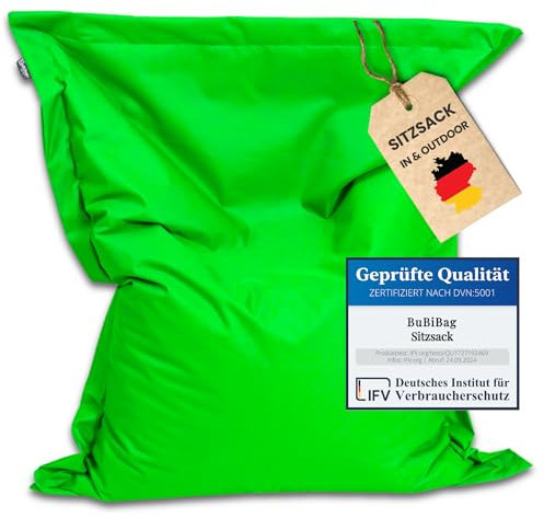 BuBiBag Riesen Sitzsack XXL mit Füllung, Outdoor Sitzsäcke für Kinder und Erwachsene, Beanbag mit waschbarem Bezug & wetterfest (Neongrün 190x145cm)