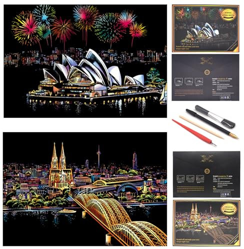 SiYear Scratch Paper Rainbow Painting Sketch, City Series Night Scene,Scratch Painting Creative Gift,Scratchboard for Adult and Kids with 4 Tools