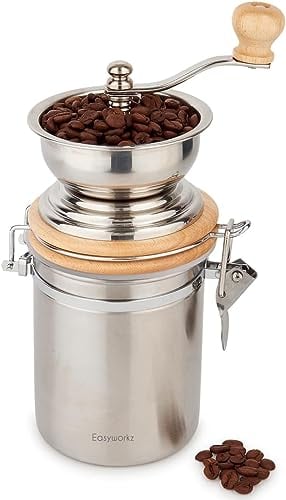 Easyworkz Molinillo de café manual: configuraciones ajustables, recipiente hermético, herramienta para moler granos de café para cocina, molinillo de café con manivela
