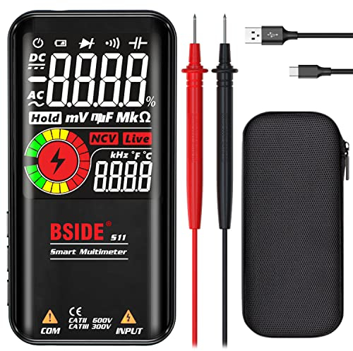 BSIDE Digitales Multimeter, Farb-LCD-Display mit 3 Ergebnissen, 999 Counts, Voltmeter, wiederaufladbar mit Smart-Modus, Kapazität Ohm, Hz, Diode, Einschaltdauer, Live-Check, Spannungsprüfer, Schwarz