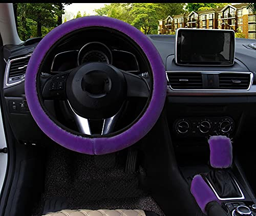 Universal Plüsch Auto Lenkradbezug Lenkradhülle 3 Stück Handbremse Schaltabdeckung Lenkradschoner Warme Winter Fell Lenkradabdeckung Lenkradhüllen Lenkrad Abdeckung Auto Zubehör für Damen,Lila