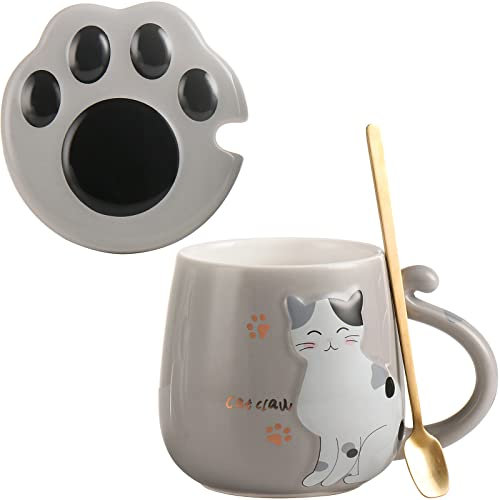 All-Pie Cat Mug Cute Ceramic Coffee Cup with Lovely Cat Claw lid Stainless Steel Spoon,Special Tea Cup Set 400ml/13.5oz (Grey)