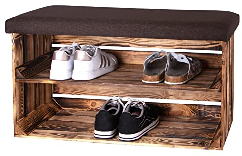 LAUBLUST Schuhschrank mit Sitzbank - ca. 79x34x49cm, Geflammt - Polster Braun | Schuhbank aus Holz - Schuhregal Regalboden längs