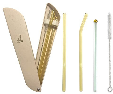 Ipretti Reusable Glass Drinking Straws with Travel Case Packing,Size 8x 8 MM,Food Grade Glass Straws for Smoothies,Beverages,Milk Shake,Juices,Tea (Yellow)’