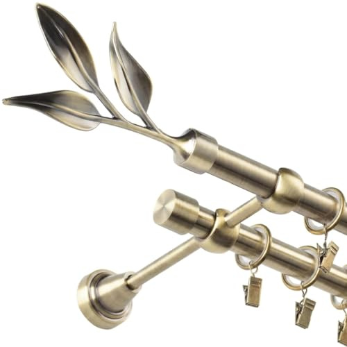 Fenster DEKOR Gardinenstange Gold Antik - Gordijnroede 260 cm - Elegante Modern Vorhangstange - 2-läufig stange vorhang - Karniesabschluss wählbar - Vorhang Stangen Gold Antik Lorbeer