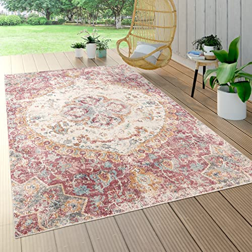 Paco Home Tappeto per Esterno Terrazzo Balcone Cucina Motivo Persiano Vintage Moderno Corallo Rosa Beige, Dimensione:80x150 cm