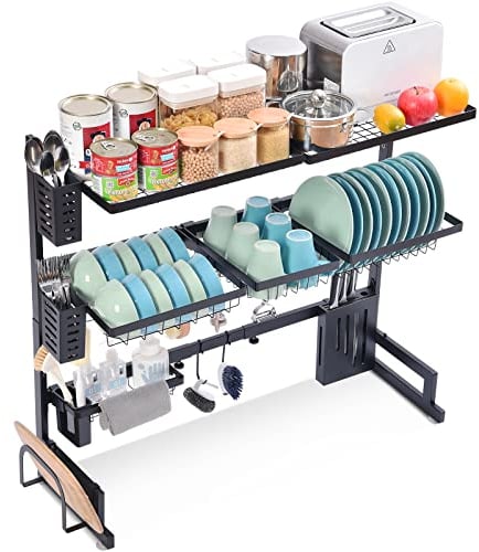 KINGRACK 3-stufig in Länge und Höhe verstellbar, Geschirrspülertisch über der Spüle, Geschirrspüler mit großem Fassungsvermögen, Besteckkorb, Haken, Getränkehalter usw., Schwarz
