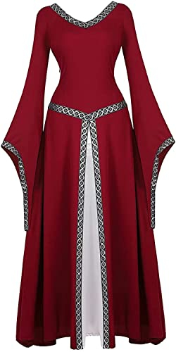 Josamogre Retro Kleider Damen Mittelalter Kleid Renaissance mit Trompetenärmel Party Kostüm bodenlang Vintage Retro Costume Cosplay Weinrot 3XL