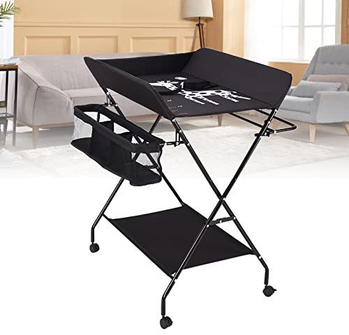 Baby Wickeltisch Klappbare Höhenverstellbar Baby Wickelkombi Mobil Wickelkommode Faltbare Kinder Massage Windelstation (Schwarz, mit Rädern, Höhenverstellbar)