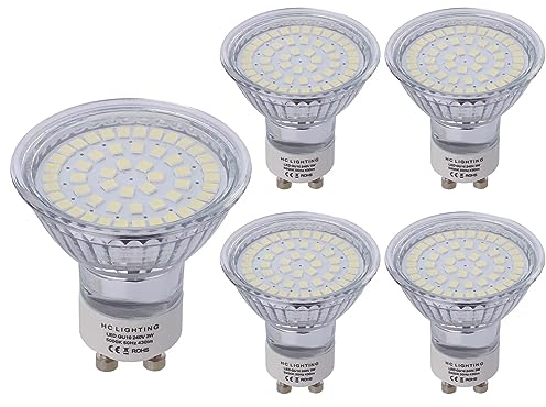 HCFEI LED GU10 Leuchtmittel, 3W Lampe Strahler Spot 400lm, KEIN FLACKERN, AC 100-240V, SMD LED Strahler 120° Classic Glas, Ersetzt 45W Halogenlampen (5er - Kaltweiß 5000K)