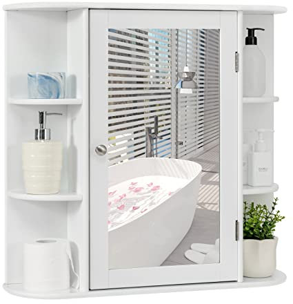 Multigot Bathroom Mirror Cabinet, Wall-Mounted Storage Cupboard with Adjustable Shelves, Single Door Organizer Unit for Living Room and Bedroom（White）