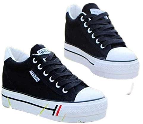 Zapatos de cuña de lona para mujer con aumento de altura interior, zapatillas de deporte para mujer, informales, parte inferior gruesa, color negro, 35