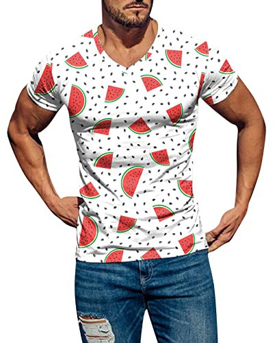 Travel Gadget - Camiseta de manga corta para hombre para primavera y verano, informal, fina, suave, ligera, con estampado en V, Blanco, M