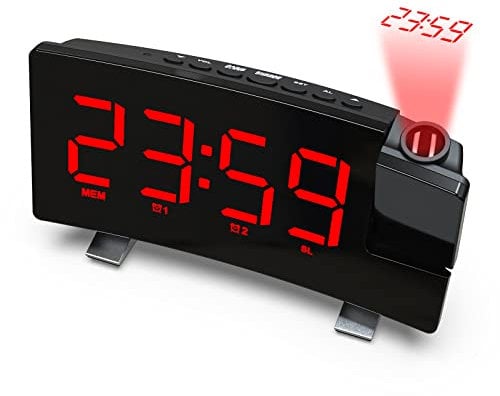 Ruspela Alarm Clock Projection, Radio Alarm Clock with 180° Rotatable Projector Adjustable Brightness Dual Alarm FM Radio for Bedroom