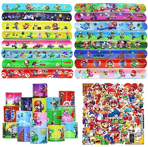 Mario Kindergeburtstag Party Mitgebsel, 32Pcs Cartoon Schnapparmbänder + 52Pcs Mario Aufkleber, Mario Schnapparmband Kinder, Mario Party Mitgebsel Set, Mario Geburtstag Mitgebsel Deko Set für Kinder