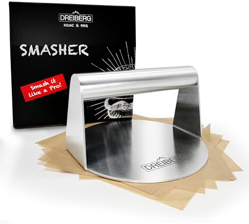 DREIBERG® Grillpresse Set (rund) inkl. Burgerpapier – Burgerpresse Edelstahl für Smash Burger. Burger Smasher. Smashed Burger Presse für Grill, Pfanne & vieles mehr