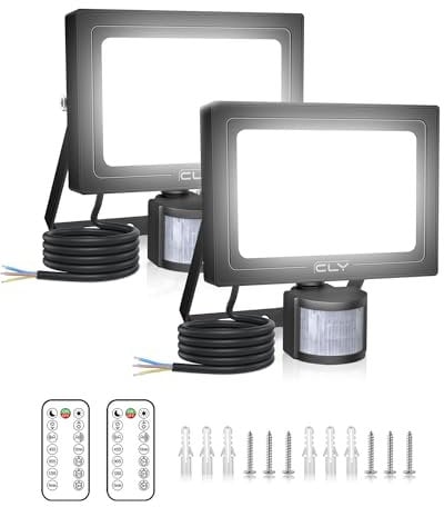 CLY 25W Security Lights Outdoor Motion Sensor, 2100 Lumen IP66 Waterproof Outside Light with Remote Control 6500K Motion Sensor Flood Light, LED Outdoor Lights for Backyard, Garden, Doorway, Garage 2P