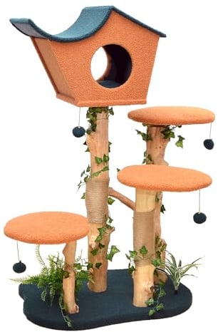 Fudajo Kratzbaum mit Pflanzendeko 135 cm, Katzenkratzbaum mit Teddyfell und Birnbaumholz, Katzenhaus mit Spielbällen, Katzenmöbel mit Plattformen