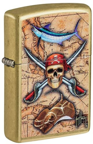 Guy Harvey Special Edition Uni Man Feuerzeug in Braun Multicolor Metall mit Piratenschädel, Schwertfisch und Manta Ray