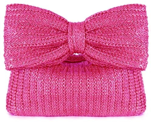 Generic Straw Purse for Women,Bow Straw Clutch Purses and Handbags, Summer Handmade Woven Beach Bag for Party Wedding Vacation, Pink