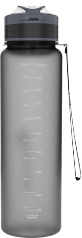 Genérico 1000ML Botella de agua deportiva a prueba de fugas, botella de agua de 1 litro con pajita y marca de escala, apertura con un clic, adecuada para gimnasio, correr, acampar