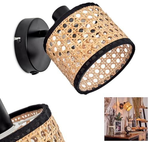 Wandleuchte Ramila, verstellbare Wandlampe aus Metall/Rattan/Wiener Geflecht in Schwarz/Natur, Leuchte im modernen Design mit verstellbarem Schirm (Ø 12 cm), 1-flammig, 1 x E14, ohne Leuchtmittel