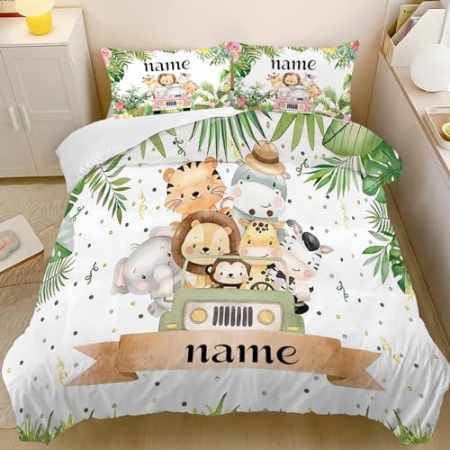 CHEFFS Personalisierte Baby Bettwäsche mit Tiere, Elefant Zebra Giraffe Löwe Kinderbettwäsche Mit Namen, Personalisierter Wildtier Tiere Bettbezug Und Kissen (135 x 200 cm,1)