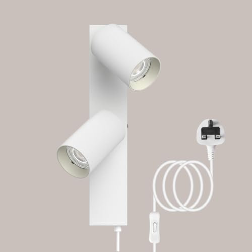TaFiCo 2 Way White Plug in Wall Lights GU10 - Modern Wall Lamp with Plug 350° Adjustable - 7W Indoor Plug in Wall Light for Bedroom Living Room Kitchen Desk Picture - Bulb Not Included