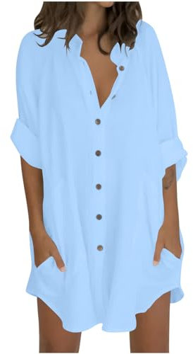 Keepink Womens Tops Oversized Cotton Linen Button Up Shirts Summer Casual Blouse Roll-Up Sleeve Tops Extra Long Top with Pockets Hawaii Beach Cover Up Ladies Clothes