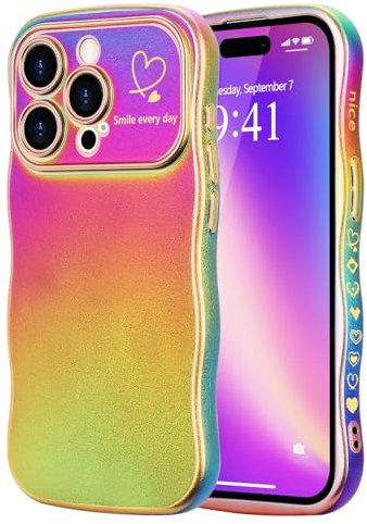 LCHULLE for iPhone 14 Pro Case for Women Girls,Cute Rainbow Colorful Wave Frame Curly Shape Love Heart Pattern Gradient Cover,Shockproof Camera Protection Phone Case for iPhone 14 Pro,Dark Purple