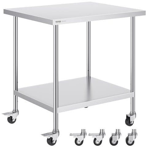 VEVOR Arbeitstisch aus Edelstahl, Küchentisch 762 x 914 x 954,6 mm, Zubereitungstisch, mit 4 Rädern, 3 einstellbaren Höhenstufen, Arbeitstisch zur Lebensmittelzubereitung für gewerbliche Restaurants
