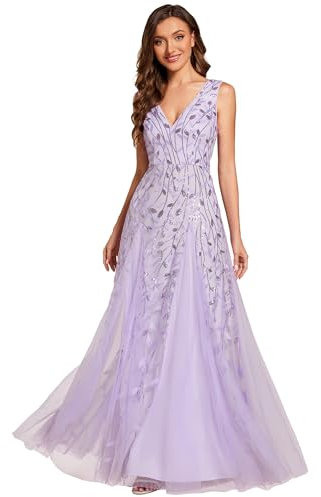 Ever-Pretty Abendkleider Langes Netz Pailletten V-Ausschnitt Hochzeitskleider Brautjungfernkleider Gästekleider Lavendel 40