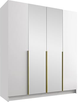 Mirjan24 Kleiderschrank mit Spiegel, Einlegeböden und Kleiderstange Salkor II, Vielseitiger Drehtürenschrank, Elegantes Kleiderschrank 4-türig (Weiß/Weiß + Gold)