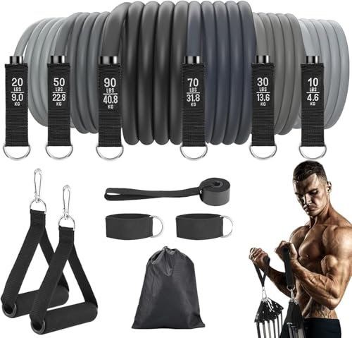 Fitense Resistance Bands Widerstandsbänder Set, 6 Fitnessbänder Widerstandsband Set Fitnessband mit Griff Knöchelriemen Türankerbefestigung für Krafttraining, Muskelaufbau und Pilates, Männer, Frauen