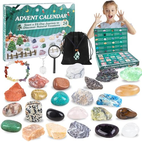 Adventskalender 2025 Edelstein Kristalle für Kinder 24 Tage Weihnachten Adventskalender Countdown Überraschungen mit Natürlichen Edelsteine Geschenke für Jungen Mädchen Geologie Enthusiasten Christmas