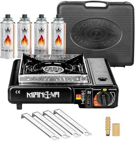 Taffstyle Réchaud à gaz 2 en 1 GPL - Réchaud de camping - Réchaud à gaz d'extérieur - Barbecue d'urgence - 1 feu - Mallette - Protection contre le vent - Cartouches de gaz - Noir - 4 bouteilles de gaz