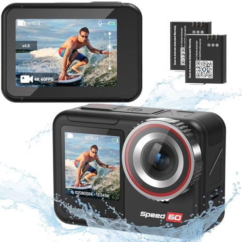 Hiicam Cámara Deportiva Speed 60 4K60FPS 48MP WiFi con Pantalla Táctil HDR de 2,35,5X Zoom, EIS 2.0,Control Remoto, Cámara Acuática Bare Machine Sumergible de 10M con 2x2150 mAh Baterías
