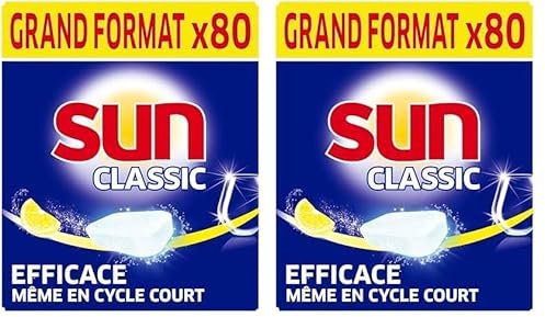 SUN - Pastilles Lave-Vaisselle Classic Citron - 80 tablettes - Efficace pendant les cycles courts - Brillance étincelante - Fabriqué en France (Lot de 2)