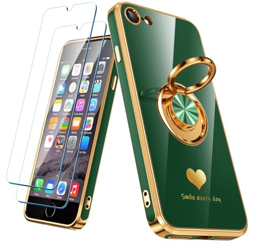 Nonional Compatible for iPhone 6 / 6s Case with 2 Pack Screen Protector, 360° Rotatable Ring Holder [Luxury Hearts Pattern] Plating Gold Edge Slim Soft Phone Case for iPhone 6 / 6s - Green