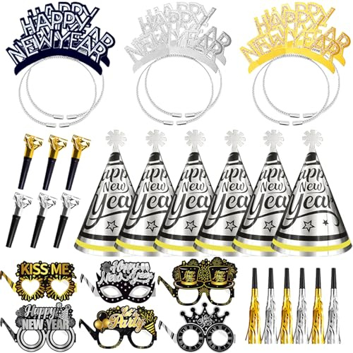 NYE 2025 Party Pack: Silver New Year Hats, Headbands, Eyeglasses & Blowers for Kids & Adults