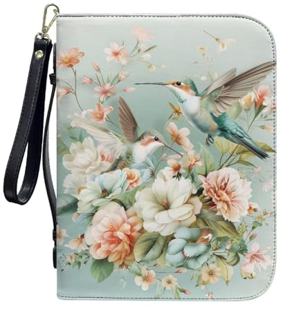 ZIATUBLES Housses de bible avec poches à fermeture éclair en cuir synthétique pour la bible avec sangle, sac chrétien pour prière, L-2XL, Colibri rose chinoise, XL