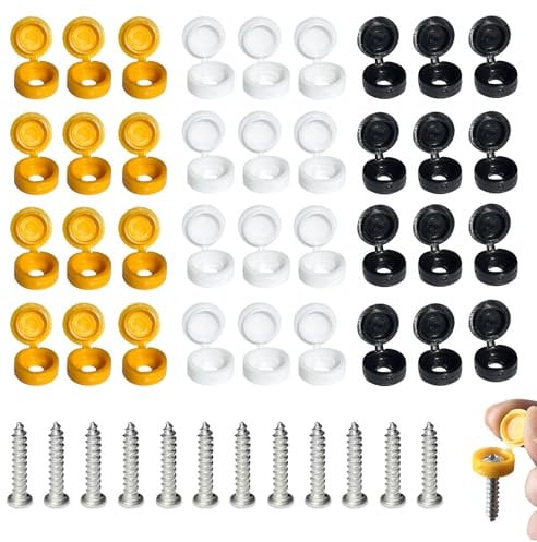 48 PCS Car Number Plate Screws and Caps Fixing Kit,12 Pieces 304 Stainless Screws, 36 Pieces Number Plate Caps in Yellow, White and Black (12 per Colour)