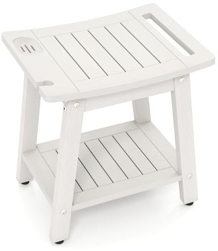 COSTWAY Shower Bench, HIPS Slatted Spa Bathroom Stool Seat with Storage Shelf, Handle, Shower Head and Soap Holder, 2-Tier Waterproof Bathtub Chair Bath Stool for Elderly Disabled Adults (White)