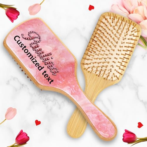 Personalisierte Strass Haarbürste Damen Mit Namen,Benutzerdefinierte Hand Set Strass Haarbürste Anti Static Naturholz und Bambusbürste Massage Kopfhaut für jede Frisur