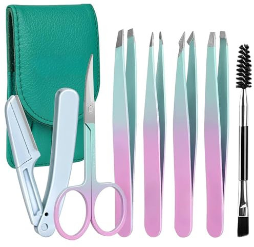 Pinzetta per Sopracciglia Professionale (7 Pezzi), Set di pinzette di precisione, Con Forbici, Rasoio, con custodia in pelle, Per donna e uomo per viso, sopracciglia, Verde