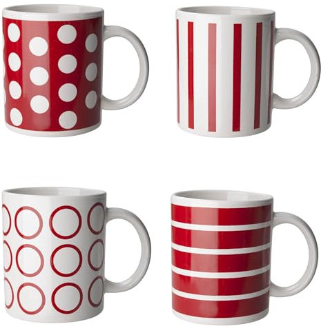 Lot de 4 tasses à café en céramique - Avec quatre tasses à rayures rouges et blanches et à pois - Dans une boîte cadeau colorée - 325 ml