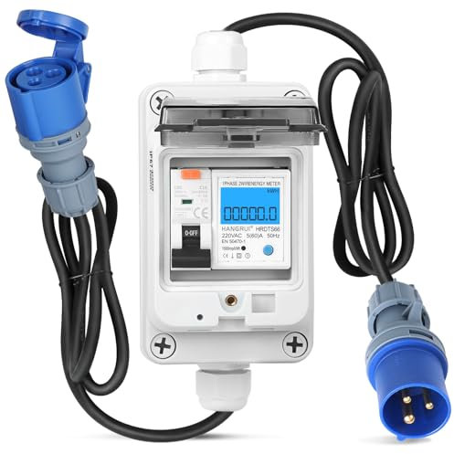 SWAWIS Stromverbrauchsmesser 230V 16A Mobiler Digitaler Stromzähler Strommessgerät Steckdose mit FI Schutzschalter Typ A, CEE-Stecker IP44, Stromzählergehäuse IP67, MID-Zertifizierung